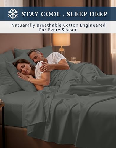 LANE LINEN King Sheet Set 100% Egyptian Cotton Sateen - Dark Grey Swiss Dot