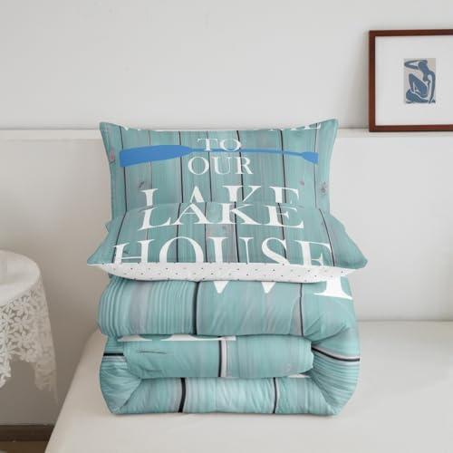 Lake House Comforter Set Full Size, Rustic Cabin Farmhouse Style Bedding Set 3pcs, Retro Wooden Plank Lake Theme Down Comforter for All Season, Kids Boys Girls Room Decor, 2 Pillowcases, No Sheets
