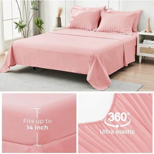 HYMOKEGE Rose Pink Twin Comforter Set Seersucker 5 Pieces, All Season Luxury Bed in a Bag for Bedroom, Bedding Set with Comforter, Sheets, Pillowcase & Sham