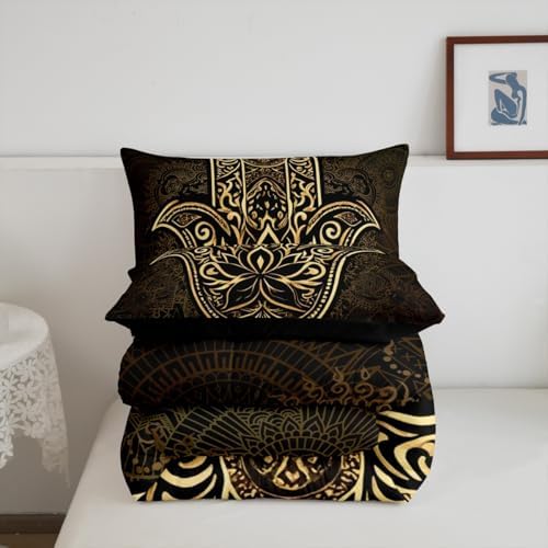 Erosebridal Gold Hamsa Hand Comforter Set Queen Size, Boho Chic Mandala Bedding Set for Kids Teens Adult Women, Bohemian Hippie Quilt Set Paisley Tribal Tie Dye Duvet Insert for Bedroom