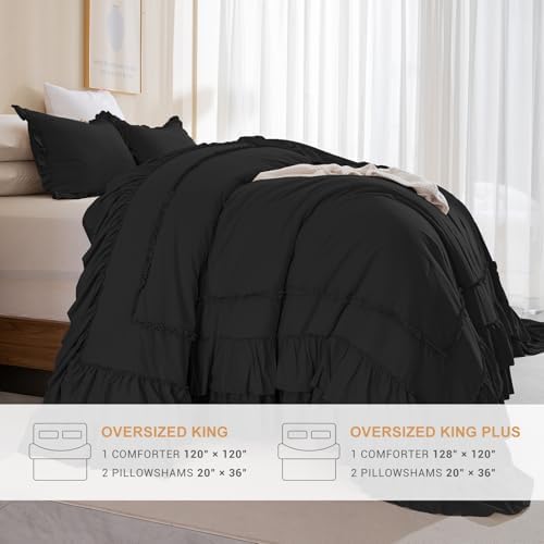 Masaca Oversized King Comforter Set 120x120,Farmhouse Shabby Boho Chic Black Ruffle California King Comforter Oversized French Country Rustic Bedding 3PCS (1 Ruffled Comforter+2 Pillow Shams)