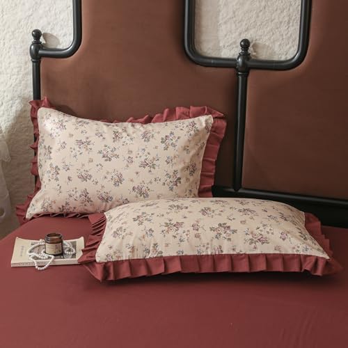 VM VOUGEMARKET Red Ruffle Duvet Cover Twin,Vintage Rose Flower Bedding Set with Zipper Ties 100% Cotton Romantic Lace Comforter Cover for Teen Girls