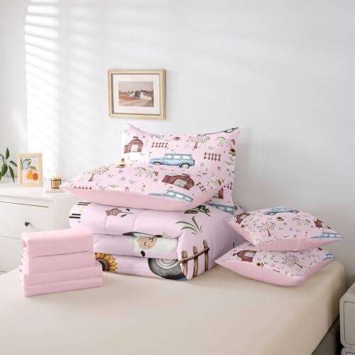 Erosebridal Farm Animal 7 Piece Kids Comforter Set Cartoon Tractor King Bedding Set for Boys Girls Rustic Barn Door Comforter Farmhouse Horse Sheep Cow Cartoon Animals Sunflower Floral Sheets,Pink