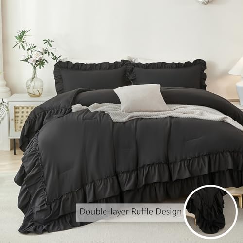 ANGIYUIN 5Pcs Black King Size Bed in A Bag Double Ruffled Comforter Sets Lightweight Shabby Chic Bedding Sets Soft Fluffy Bedding Comforter Set with Sheets for Women Men(Black King)