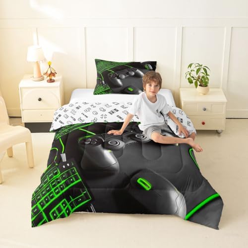 Feelyou Gamer Comforter Set All Season Gaming Bedding Set with 1 Pillow Cases Game Room Decor Microfiber Kids Toddler Bedclothes Gamepad Bedroom Decor Green Duvet Quilt Breathable Soft Lightweight