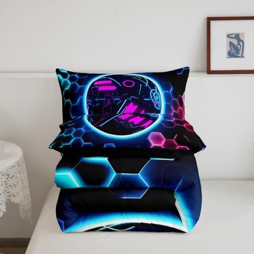 Erosebridal Bowling Games Bedding Sets King - Neon Ball Game Comforter Set for Kids Adults Hexagon Honeycomb Duvet Insert Modern Geometric Quilt