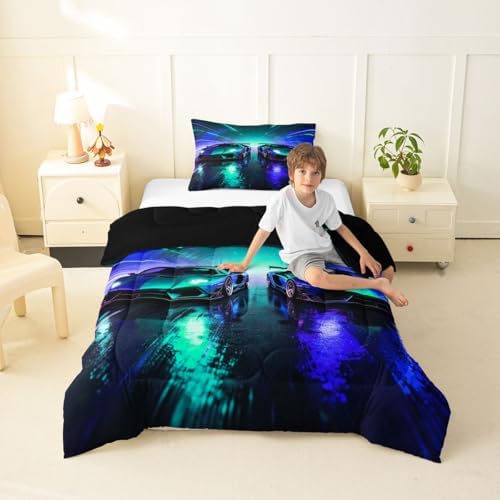 Feelyou Blue Racing Car Bedding Set Soft for Boys Girls, Boys Sports Car Comforter Set Toddler Size Racing Extreme Sports Duvet Quilt Microfiber Speed Sports Bedroom Decor 2 Pcs with 1 Pillow Cases
