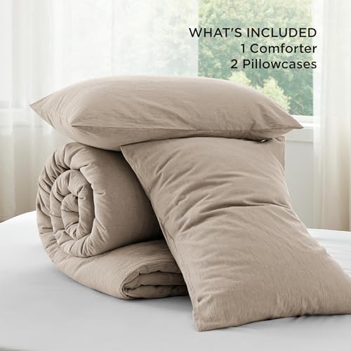Bedsure PureWoven Cotton Comforter Set Prewashed, Queen, Taupe