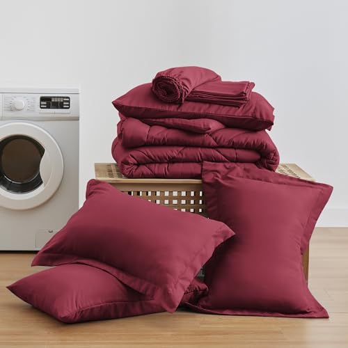 Love's cabin Oversized Queen Comforter Set, 7 Pieces Bed in a Bag, All Season Bedding Sets with 1 Comforter, 1 Flat Sheet, 1 Fitted Sheet, 2 Pillowcase and 2 Pillow Sham, Burgundy
