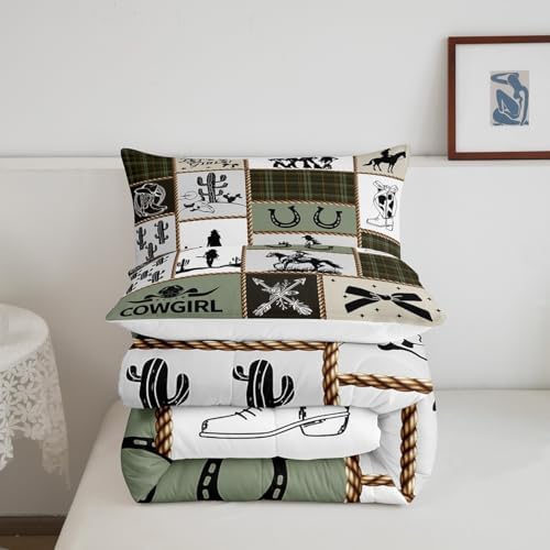 Western Cowgirl Comforter Set King Size,Cactus Horseshoe Cow Skull Rustic Farmhouse Bedding Set,Girls Women Room Decor,Bow Arrow Patchwork Down Comforter,Camo Country Duvet Insert,2 Pillowcases