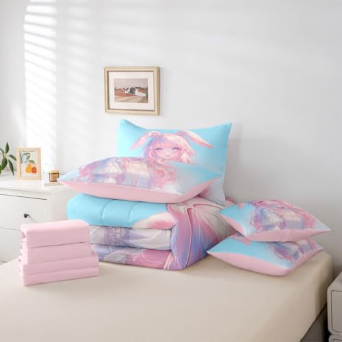 Erosebridal 3D Anime Girl Bedding Set,Japanese Girl Bed in A Bag Cartoon Anime Full Comforter Set 7 Piece for Kids Teen Women Room Decor,Pink Kawaii Rabbit Doll Blue Bed Set