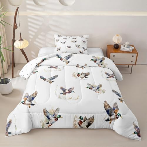 Feelyou Mallard Duck Comforter Set Toddler Size Duck Hunt Bedding Set for Kids Boys Girls Wild Duck Hunting Duvet Quilt Wild Animal Bedroom Decor Microfiber 2 Pcs with 1 Pillow Cases