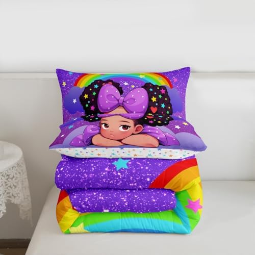 Black Princess Girl Comforter Set King Size,African Theme American Kids Teens Bedding Set Glitter Starry Sky Rainbow Purple Quilted Duvet Cute Bedroom Decor Pretty Girl Magical Bedspread,2 Pillowcases