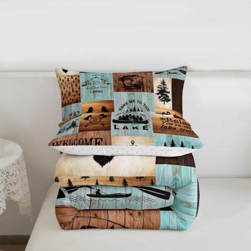 Lake House Comforter Set Queen Size,Outdoor Camping Quilt Set Fish Bear Anchor Pine Rustic Farmhouse Bedding Set Kids Boys Girls Brown Green Grid Patchwork Plaid Duvet Insert Adult Room Decor