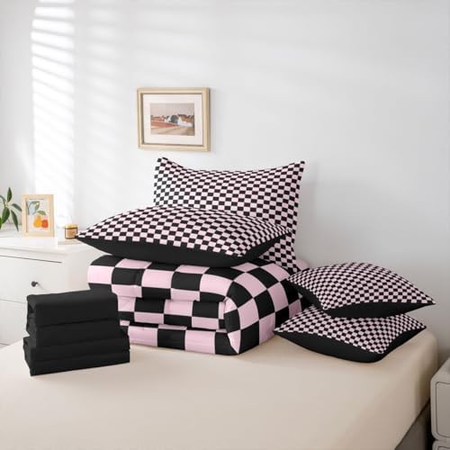 jejeloiu Pink Black Plaid Comforter Set with Sheets 7 Piece King Size Checkered Classic Bedding Set for Kids Boys Girls Grid Geometric Bed in a Bag Room Decor Soft Lightweight Microfiber