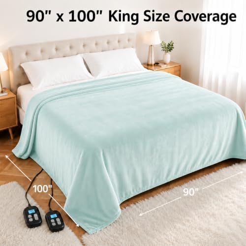 Electric Heated Blanket King Size 90" x 100", Soft Flannel for Bed, Couples, 10 Heat Settings, 1-12H Auto Shut Off, Dual Zone Controls, Overheat Protection, Machine Washable, Light Green
