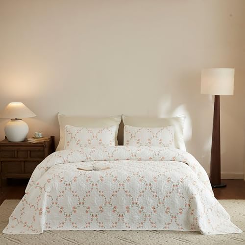 MarCielo 3pcs Cotton Quilt Set Beige Coral Floral