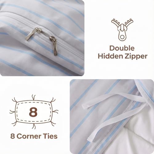 Bedbay Cotton Striped Duvet Cover Set King Size, Grey Blue Striped Bedding, 100% Cotton Sateen, Silky Soft Modern Minimalist 3 Piece Bedding Set for All Seasons