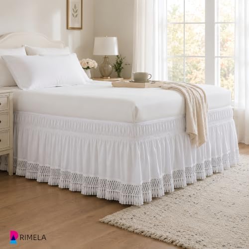 Tassel Trim Bed Skirt King 15" Drop, Elastic Wrap Around Bedskirt
