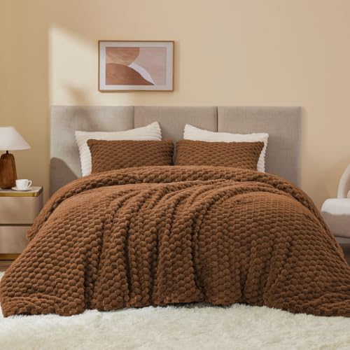 BEDELITE Fluffy Queen Comforter Set, Terracotta Fleece Bed Set 3 Pieces