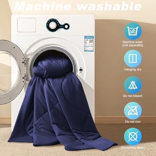 Cooling Comforter Queen Size, Double-Sided Cold Tech Fabric Quilted Bed Comforters Cooling Blanket for Hot Sleepers, Breathable Lightweight Summer Bedding, All-Season Ice Blanket, Navy Blue
