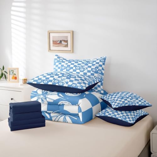 Erosebridal Blue Cheery Bow King Bedding Set 7 Piece for Boys Girls Y2K Trendy Lucky 8 Ball Comforter Set for Kids Teen Adults,Preppy Fashion Checkered Geometric Bed in A Bag Funky Y2K Bed Set