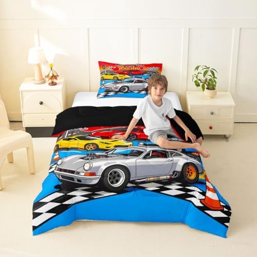 Feelyou Boys Race Car Kids Comforter Set Toddler Size Speed Sports Car Bedding Set Racing Extreme Sports Duvet Quilt for Kids Boys Girls Bedroom Automobile Decor Microfiber Ultra Soft Breathable