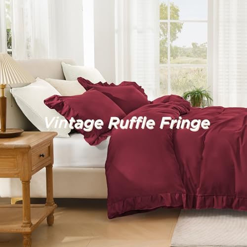 Andency Burgundy Ruffle Duvet Cover King, Shabby Chic Farmhouse Bedding Set