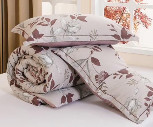 SLEEPBELLA Comforter King Size, 600 Thread Count Cotton Burgundy Botanical with Grey Floral Pattern Pink Reversible Comforter Set,Down Alternative Bedding Set 3Pcs(King, Burgundy Botanical)