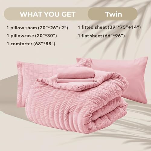 HYMOKEGE Pink Twin Comforter Set Seersucker 5 Pieces, All Season Luxury Bed in a Bag for Bedroom, Bedding Set with Comforters, Sheets, Pillowcase & Sham