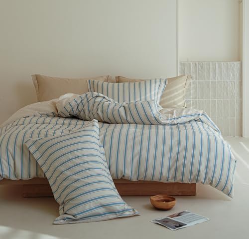 Comforter King Size - 100% Cotton Beige and Blue Striped Reversible Comforter Set, Luxury and Breathable Bedding Set for All Season, 3 Pieces, 104"x90"