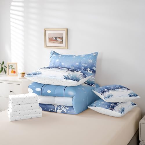Erosebridal Cartoon Winter 7 Pcs Comforter Set Twin, Snowflakes Bedding for Children, Xmas Mystical Wonderland Starry Sky Night Bed in A Bag Sheet Set, Blue New Year Holiday Shiny Coniferous Quilt