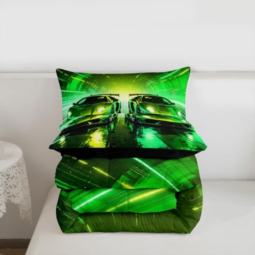 Feelyou Green Racing Car Kids Comforter Set King Size Boys Sports Car Bedding Set Speed Sports Duvet Quilt for Kids Boys Girls Bedroom Extreme Decor Microfiber Ultra Soft Breathable