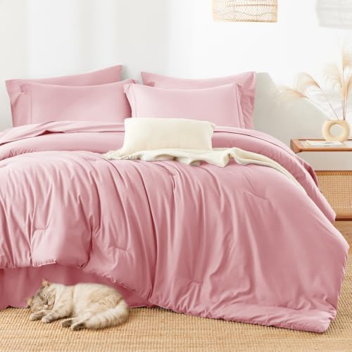 HIMEET Full Comforter Set, 7-Piece Point-Quilted Bed in a Bag, Pink