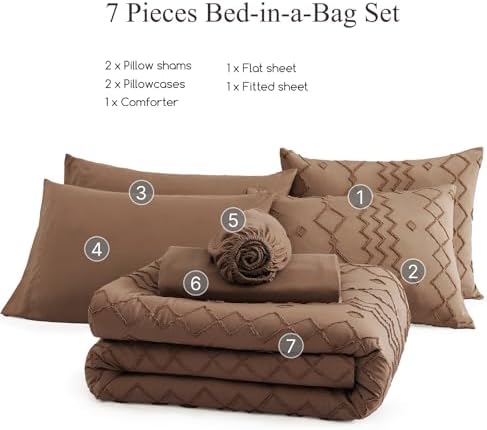 Full Size Comforter Set Brown Tufted Boho Geometric Bedding Sets 7 Pieces