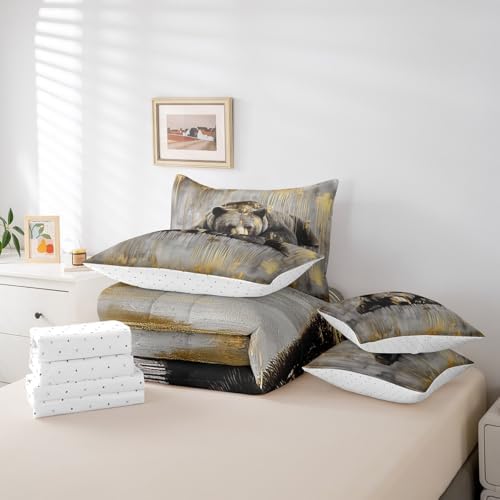 Erosebridal 7 Piece Grizzly Bear Comforter Set Full Hunting Bear Bedding Set Country Farmhouse Woodland Animal Bed in a Bag Vintage Golden Paint Sheet Set with Comforter Rustic Cabin Decor