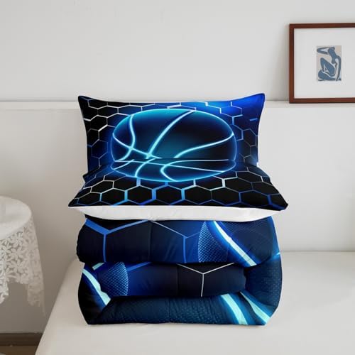 Manfei Basketball Comforter Set King Size, Blue Honeycomb Bedding Set 3pcs for Kids Boys Teen Bedroom Decor, Sports Gaming Theme Quilt Set Geometric Neon Lines Duvet Set with 2 Pillowcases
