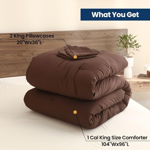 Paxrac Earthy Brown California King Comforter, 3 Pieces Oversized King Comforter Set, Lightweight Solid Bedding Set, All Seasons Soft Cal King Comforter Set (104x96In Comforter & 2 Pillowcases)