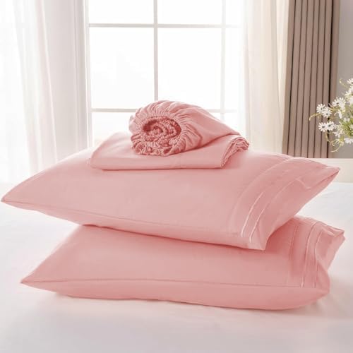 ROSE&RISY Pink King Sheet Set, 4 Pieces Soft Bedding King Sheet Set, Breathable and Cooling Sheet Bed Set, Includes 1 Fitted Sheet, 1 Flat Sheet, 2 Pillowcases - Deep Pocket (Pink, King Size)