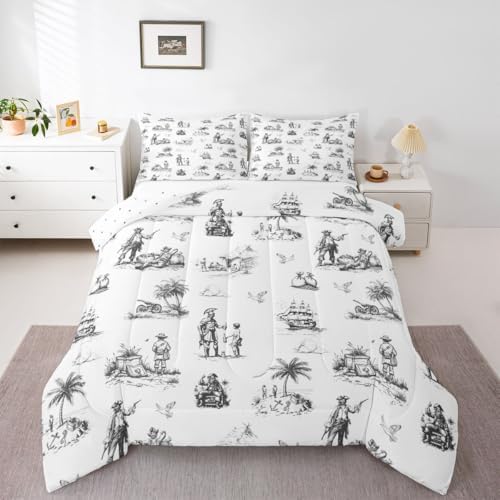 Pirate Ship Comforter Set King Size,Ocean Sailing Boat Seagull Bedding Sets 3Pcs Teens Adult Woman Men Room Decor,Tropical Coconut Tree Duvet Insert Vintage Sketch Grey Down Comforter,2 Pillowcases