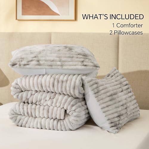 BEDELITE Fleece King Comforter Set, Fluffy Bed Set, Grey&White