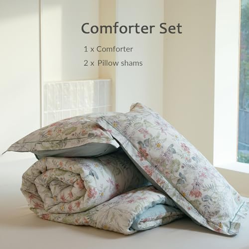 Twin Comforter Set 2 Pieces, 100% Cotton Botanical Floral Bedding Set for All-Season, Soft Reversible Comforter with 1 Pillow Sham