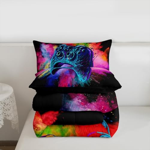 Erosebridal Boys Gaming Bed Comforter Set King Size,Kids Gamer Bedding Sets Girls,Colorful Tie Dye Video Game Quilt Comforter Navy Blue Gamepad Lightweight Bedding Set 1 Comforter with 2 Pillowcases