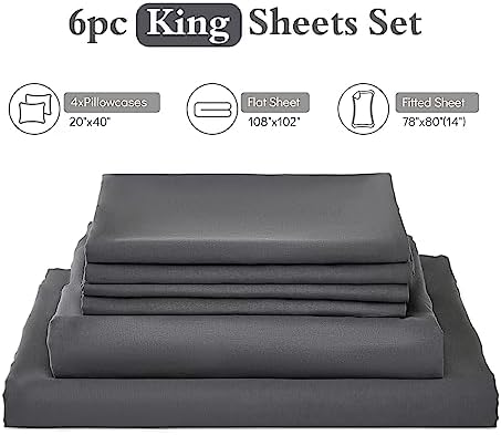 ILAVANDE King Size Sheets Set 6 Piece,Hotel Luxury Super Soft 1800 Series Microfiber Grey Bed Sheets King Set-Wrinkle Free & Breathable-14 Deep Pocket Sheets for King Size Bed(King,Grey)