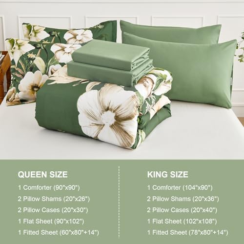 Luxudecor Floral Comforter Set Queen Size 7 Piece, Olive Green Flower Bed in a Bag, Elegant Comforter Bedding Set for All Season (Olive Green, 90"x90")