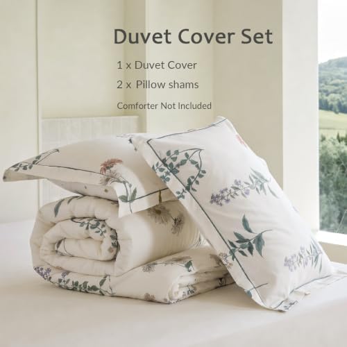 King Comforter Set 3 Pieces, 100% Cotton Botanical Floral Bedding Set for All‑Season, Soft Breathable Comforter with 2 Pillow Shams