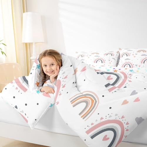 Rainbow Queen Bedding Sets For Girls, Kawaii Cloud Comforter Set 3 Pieces With 2 Pillow Cases, Pink Love Heart Down Comforter For Kids Boys Women Adult, Hand Drawn Cartoon Rainbow Duvet Insert