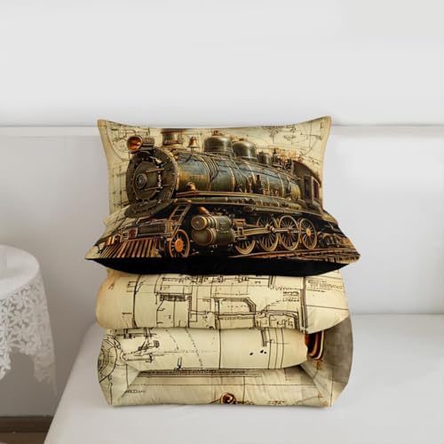 Erosebridal Vintage Steam Train Bedding Set King Retro Train Comforter Set for Kids Boys Girls Transportation Vehicle Down Comforter Steampunk Industrial Aesthetic Quilt Duvet
