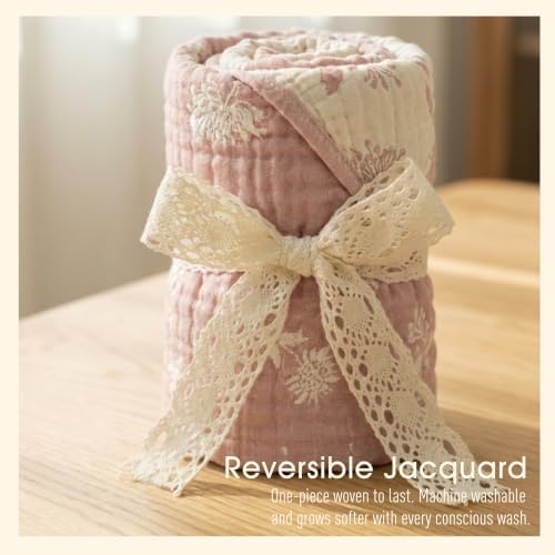 Muslin Baby Blanket, Organic Cotton Blend Jacquard (Pink Botanical)