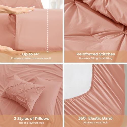 Sasttie Twin Comforter Set, 5-Piece Bed in a Bag, Pintuck Bedding Sets for All Season, Includes Comforter, Flat Sheet, Fitted Sheet, Pillowcase and Pillowsham, Blush